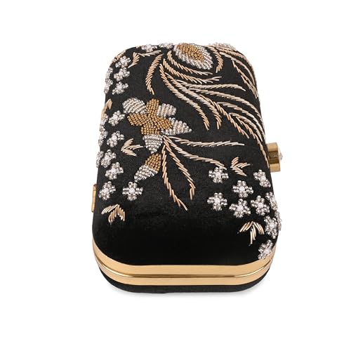 umera black clutch girls and womans party clutch ladies wallet evening bag with round corners work beads and zardozi floral design