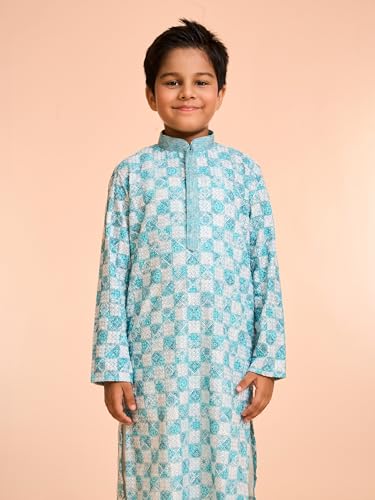 Manyavar Boys Cotton Blend Printed|Embroidery Kurta Pyjama Set (Aqua Green,8-10Y)