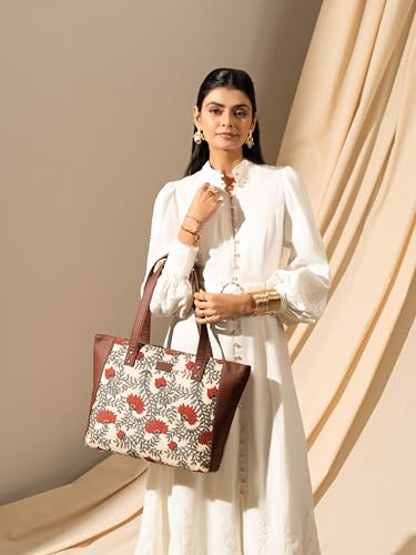 ZOUK Nawabi Couture Floral Printed Women Jute Vegan Leather Red & Beige Side Tote Bag For Ladies With Double Handle