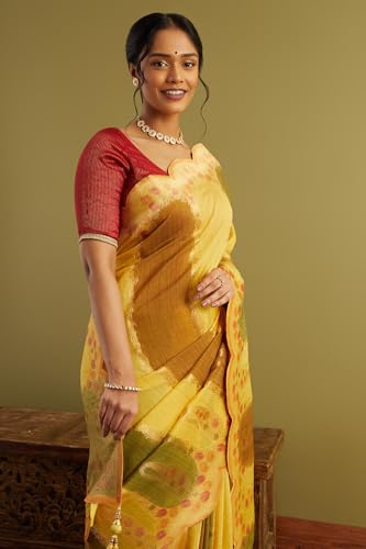 Taneira Women Yellow Woven Viscose Luxe Saree with Unstitched Blouse Piece (SPG08H00006-Yellow)