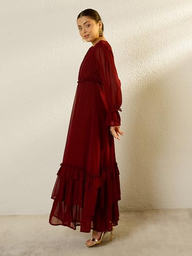 Sassafras Women Maroon V-Neck Flared Maxi Dress-S