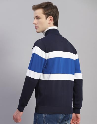 Monte Carlo Mens Navy Blue Striped Mandarin Collar Full Sleeve Polyester Casual Sweater (1239384FZ-1-40)