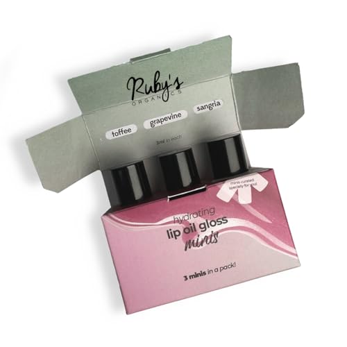 Ruby's Organics Lip Beauty Gift Kit, Lip Oil Glossy Minis Sunset, Moisturizing, Long Lasting, Non Sticky & Non Drying, Natural Lip Makeup, Paraben Free - Sangria, Grapevine and Toffee Shades