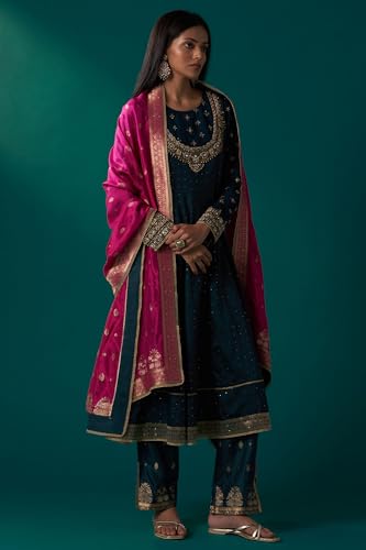 Wishful Women's Teal Green Heavy Embroidered Sequined Anarkali Kurta with Straight Pant and Dupatta Set (SP12842-401056-S)