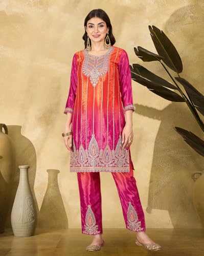 SheWill Rani & Orange Poly Chinon Kurta with Zari, Sequence, Thread & Cording Embroidery, Paired with Pant and Dupatta – A Vibrant Set SHEKS20006_S2P_A