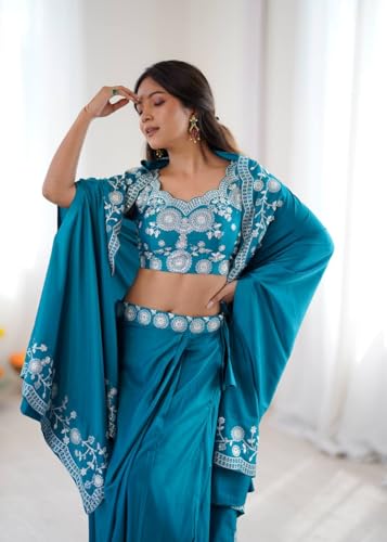 MARUTI FASHION HOUSE Lehenga Choli Indo-Western Draped Saree Set For Womens And Girls Ready To Wear Hevay Crep Silk Fabric With Work Multi Thread Embroidery Coding Sequence Light teal
