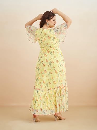 Miss Chase A+ Women's Bohemian V-Neck Flutter Sleeve Chiffon Relaxed Fit Wrap Maxi Dress (APAW24D94-14-PAC-09, Multicolored Base Marigold Yellow, 4XL)