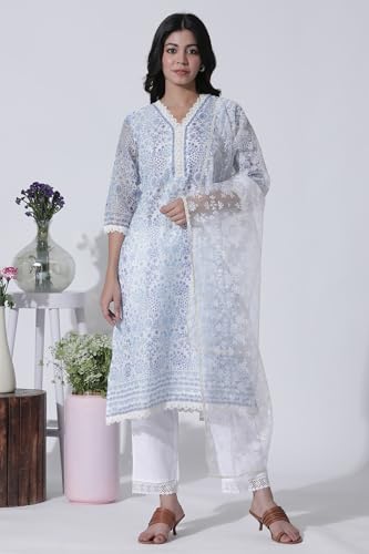 W for Woman White & Blue Floral Printed Kota Kurta, Pants and Brasso Dupatta_24ONWS10519-123919_M