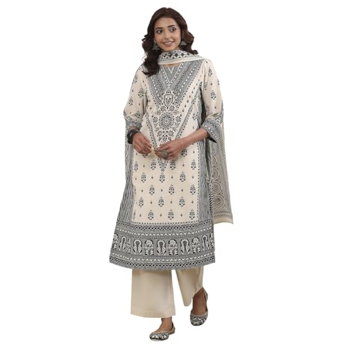 Biba Women White Cotton Straight Suit Set_38
