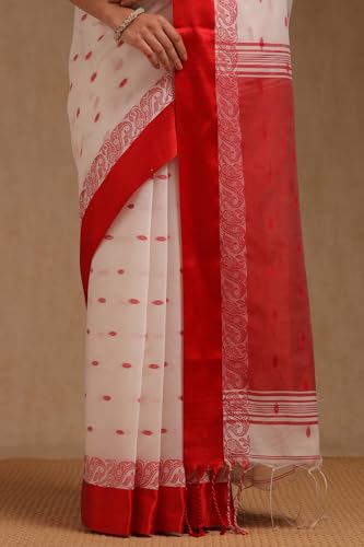 Soch Womens White Cotton Woven Design Saree