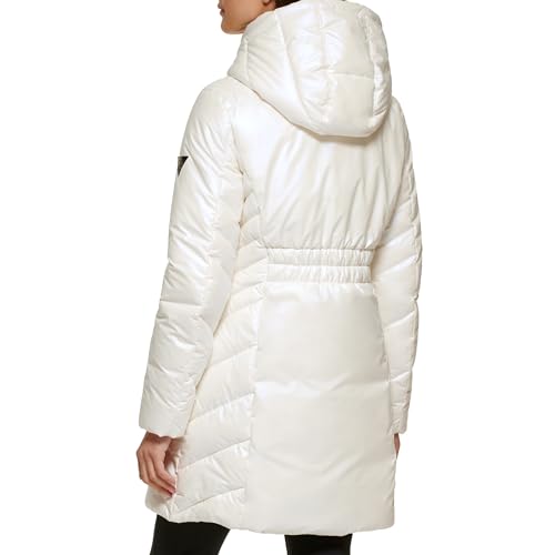 GUESS Women's Duvet Puffer Hooded Water Resistant Coat, White, XL
