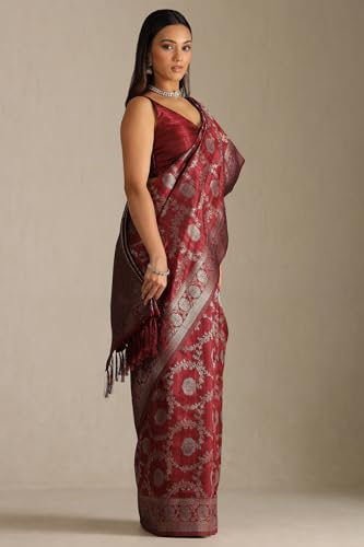 Soch Womens Maroon Tussar Floral Print Saree With Zari Woven