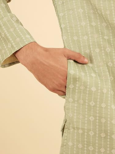 Manyavar Men's Art Silk Sequined Placket Printed Festive Kurta Set (Light Mid Green,L)