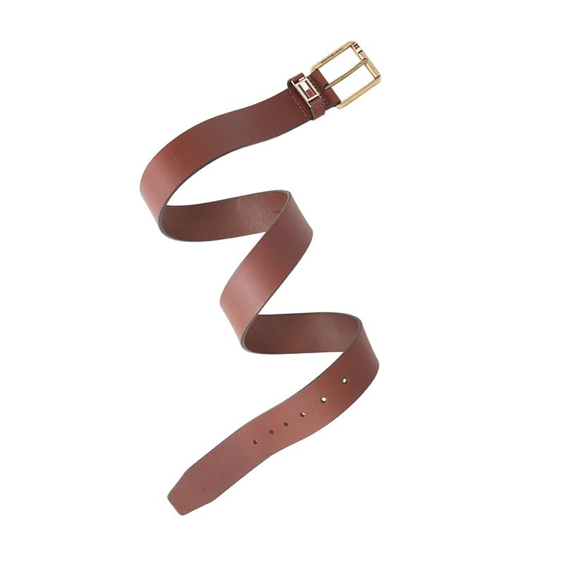 Tommy Hilfiger Men's Leather Belt Glace - Tan | Brushed Brass Buckle | Leather Belt For Any Occasion | Size - S (80Cm)
