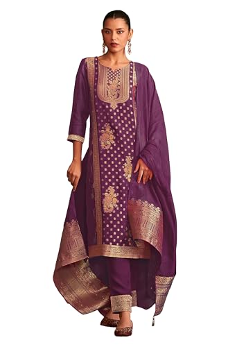Janasya Women's Purple Organza Jacquard Straight Kurta Set (JAB24ST02276-XL)