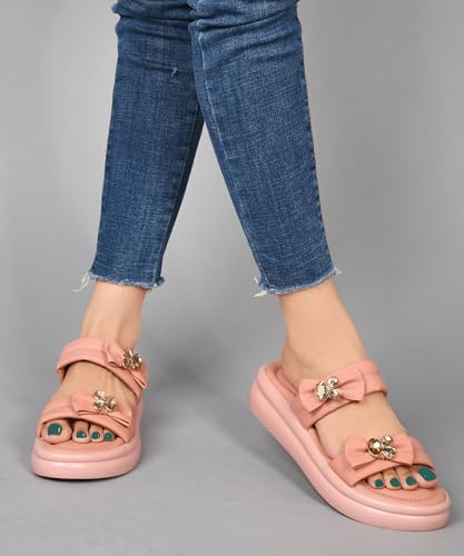 JM LOOKS Women Open Toe Stone Embellished Platform Heels Sandals with Bows Peach