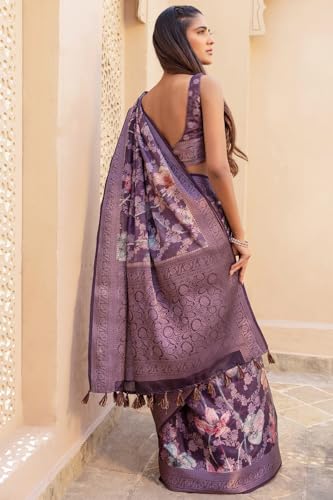 Soch Womens Purple Tussar Floral Print Saree With Zari Woven