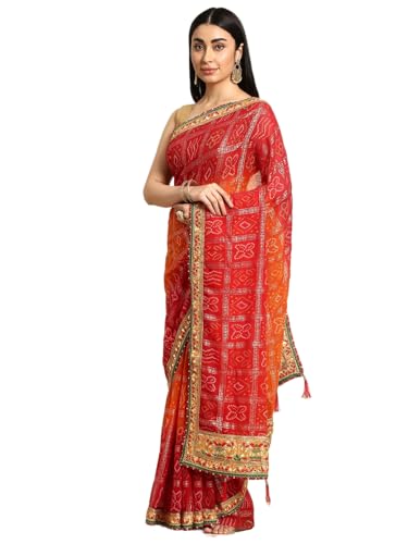 Pandadi Saree Women's Red Marble Georgette Mill Foil Bandhani with Intricate Work Border And Unstitched Blouse Piece