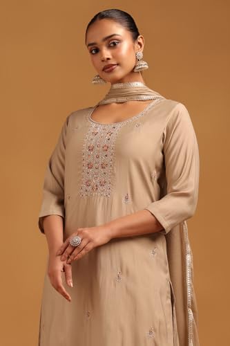 Soch Womens Beige Roman Silk Floral Salwar Suit With Stone Work