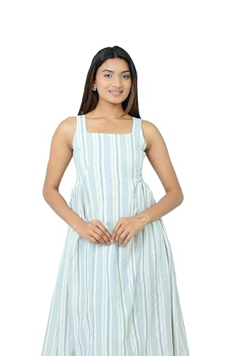 WE WORTH Women’s Striped Sleeveless Midi Dress | Square Neck Fit & Flare Casual Summer Dress for Girls (in, Alpha, M) White