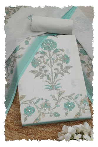 Soch Womens Off White Linen Blend Floral Print Unstitched Dress Material With Cutdana