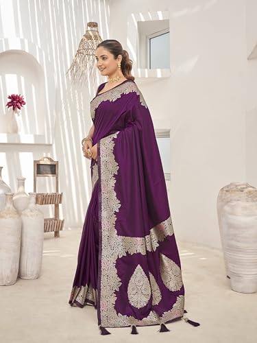 MANOHARI Women's Trendy Banarasi Soft Silk Woven Purple Saree With Heavy Jacquard Work Saree With Purple Blouse Piece_MN2017