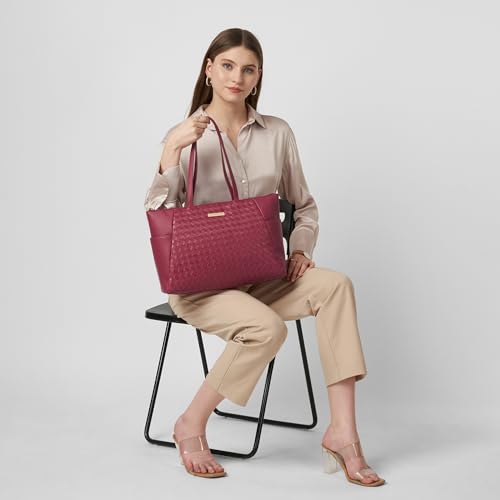 Caprese Patricia 14 Inch Laptop Compatible Large Tote Bag for Women | Stylish, Durable, and Spacious with Multiple Compartments, Back Zipper Pocket for Work, Travel, and Everyday Use (Cherry Red)
