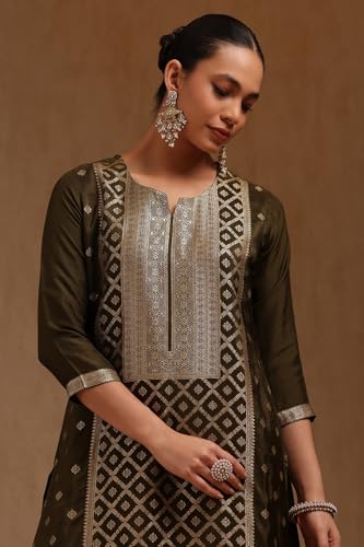 Soch Womens Green Russian Silk Zari Woven Kurta Set With Zari Woven