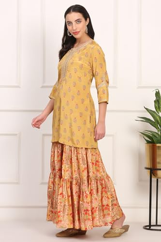 W for Woman Yellow Floral Print Zari Embroidered Straight Shantung Kurta with Sharara and Dupatta Set (WS11769-125062-L)
