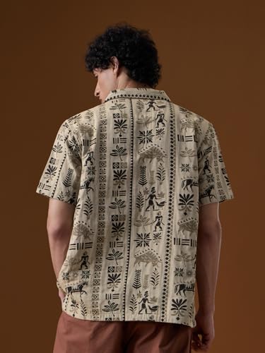 The Souled Store Nomad: Spirit Men and Boys Short Sleeve Cuban Collar Beige All Over Print Regular Fit Casual Trendy Holiday Ready Cotton Blend Textured Shirt