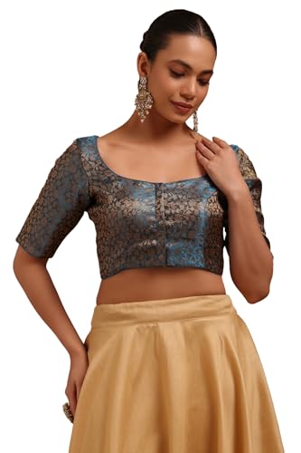Soch Womens Turquoise Blue Tissue with Zari Woven Padded Blouse