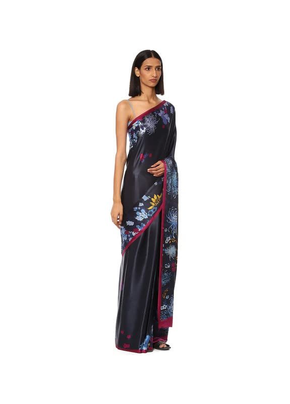 Satya Paul Blue Georgette Satin Silk Printed Casual Festive Party Wedding Saree for Women