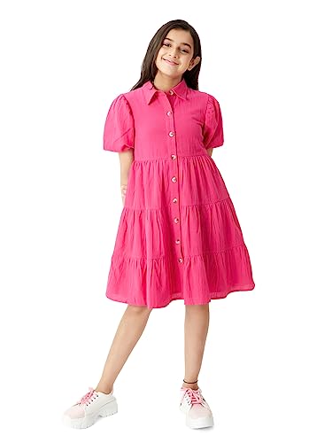 olele® Girls Lucy Shirt Cotton Dress for 5 to 6 Years Kids Hot Pink