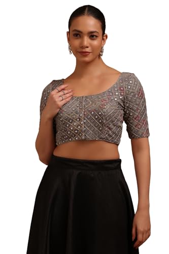 Soch Womens Grey Georgette Embroidered Padded Blouse with Faux Mirror