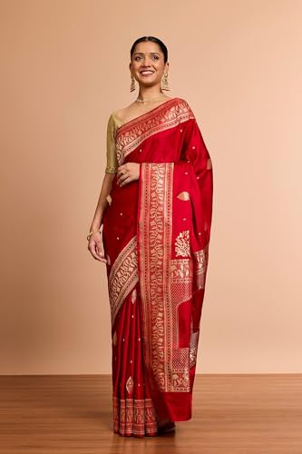 Taneira Women Red Pure Silk Kadwa Banaras Saree With Unstitched Blouse Piece (SAIH04AC5735-Red)