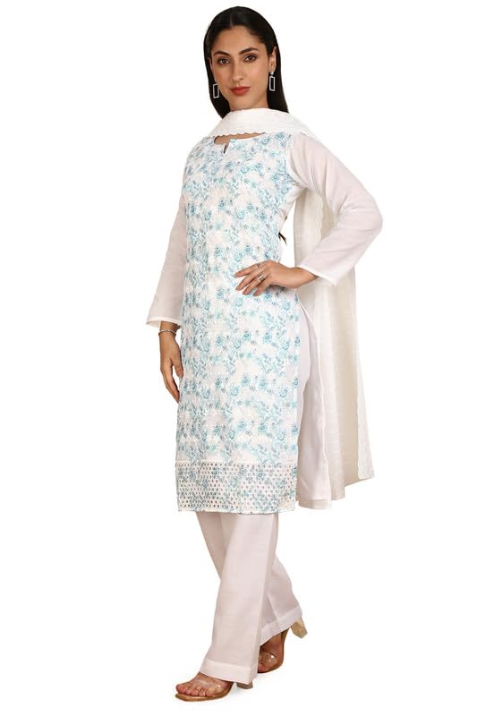 Soch Womens Blue Cotton Embroidered Unstitch Dress Material With Schiffli