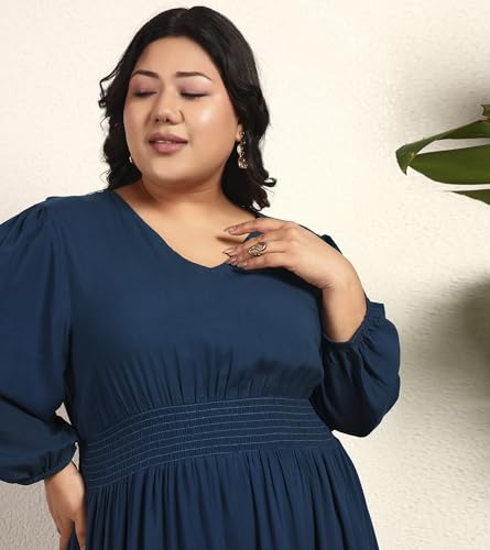 DEEBACO Women's Plus Size Solid Rayon Tiered Maxi Dress|3/4 Sleeve|V-Neck|Casual Trending Stylish Long One Piece Dresses Women Western(DBDRP00002316_4XL_Teal Blue)