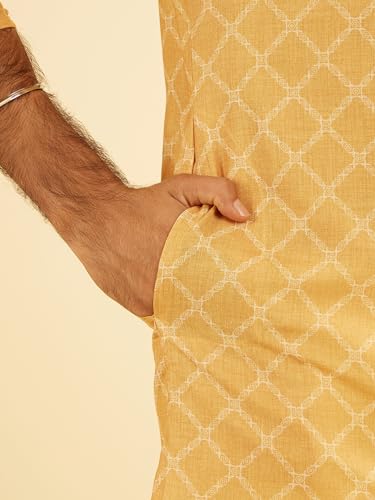 Manyavar Men's Cotton Blend Printed Mid Length Kurta(Mustard,L)