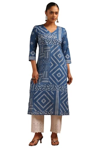 Soch Womens Indigo Cotton Geometric Kurta with Hand Embroidery and Bead Details