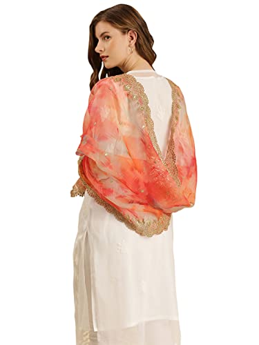 DUPATTA BAZAAR Women's Multicolour Printed Organza Dupatta With Embellished Cutwork Border, free size