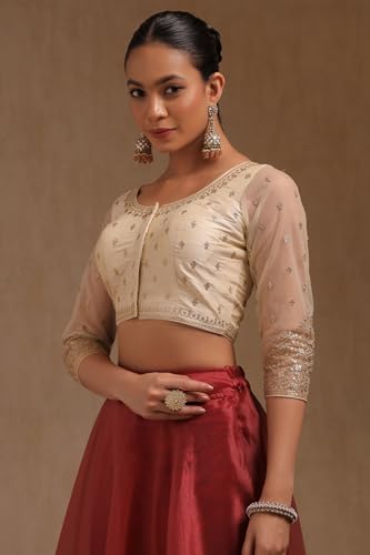 Soch Women's Tussar Embroidered Three Quarter Sleeves Regular Fit Blouse (BLFSJQD00739_Cream 40)