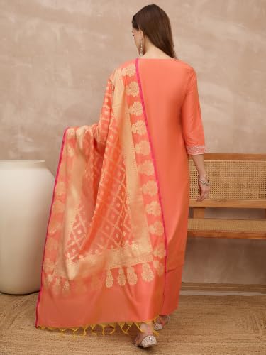 Rangavali Coral Peach Cotton Silk Embroidered Festive Suit Set With Bararasi Zari Woven Dupatta | Family Function, Office Festive & Wedding Ethnic Wear Suit Set | XL, 38
