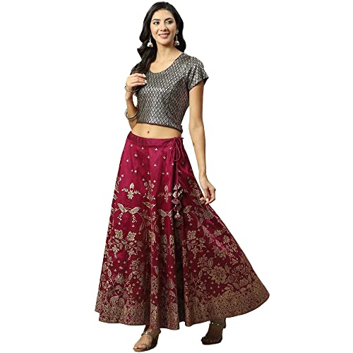 BIBA Women's Printed Maxi Flared Mix and Match (Skirts/T18786_Plum_XL)