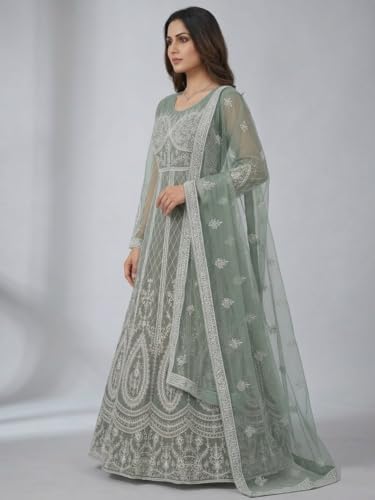 JULEE Women's Net Embroidered Semi-Stitched Gown Bindi Gown Mint-GEM
