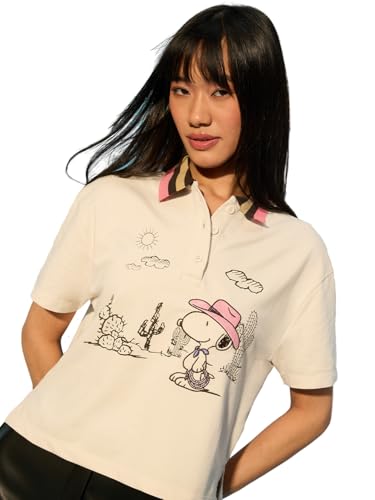 The Souled Store Peanuts Wild West : Women and Girls Short Sleeves Spread Collar Off-White Embroidered Cotton Regular Fit Breathable Lightweight Streetwear Everyday Polo T-Shirts