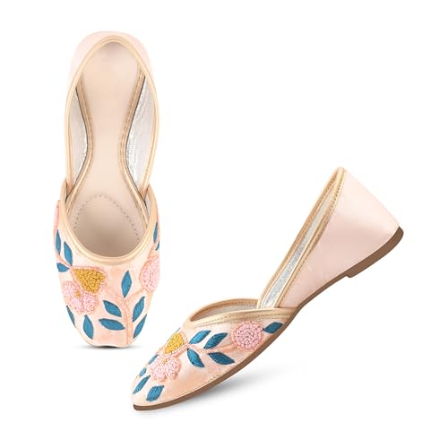 Froh Feet Ethnic Jutti for Women Traditional Handmade Fulkari Jutti Slip-On Shoes Bellies for Women Wedding party Festival Occasion - Peach