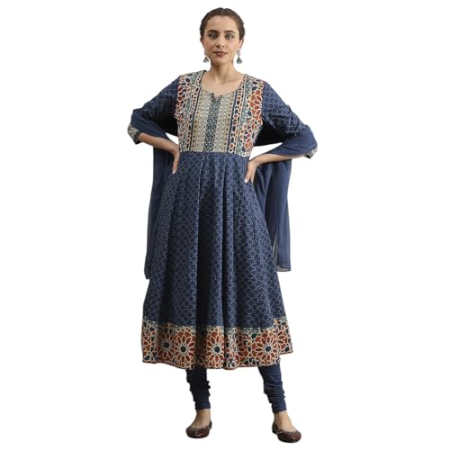Biba Women Indigo Cotton Anarkali Printed Lehenga Set_36