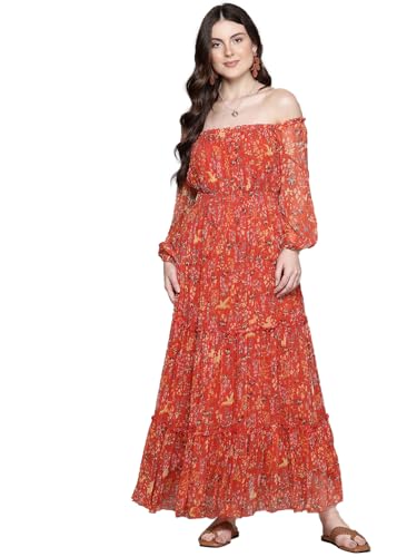 Label RITU KUMAR Off Shoulder Printed Long Dress Orange