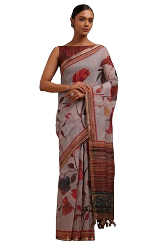 Soch Womens Grey Linen Botanical Print Saree