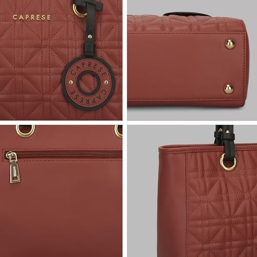 Caprese Aimee Medium Quilted Faux Leather Tote Bag for Women | Multi-Compartment Zippered Shoulder Handbag with Detachable Charm | Perfect for Work, Travel & Shopping (Intense Rust)